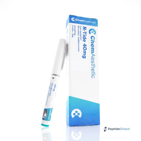 Retatrutide 40mg pre-mixed injection pen leaning against its sealed 3 ml cartridge carton